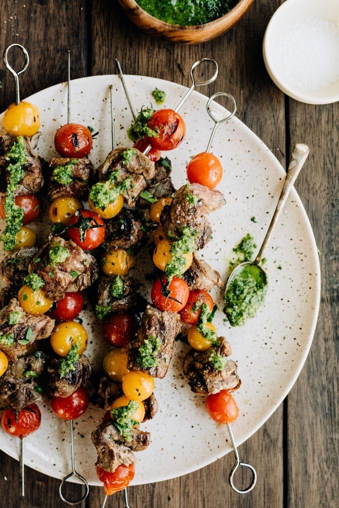 Beef Skirt Steak Skewers with Tomatoes and Parsley Pesto