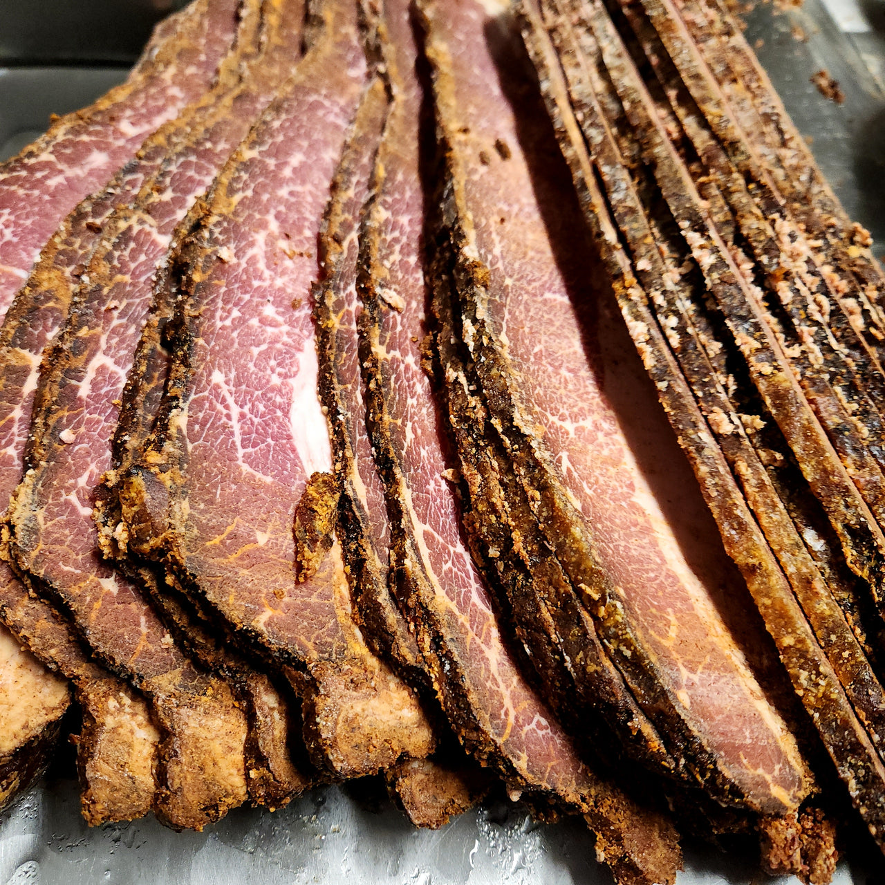 Wagyu Beef Pastrami Uncured, Med Thick Sliced, 2-3 slices /Approx 75- 1 lb Pkg /NOT Aged