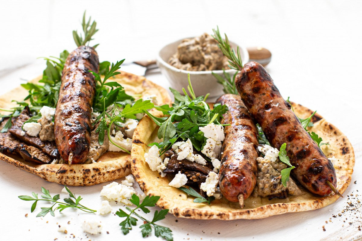 Lamb and Feta Sausages with Pita, Eggplant & Babaganoush