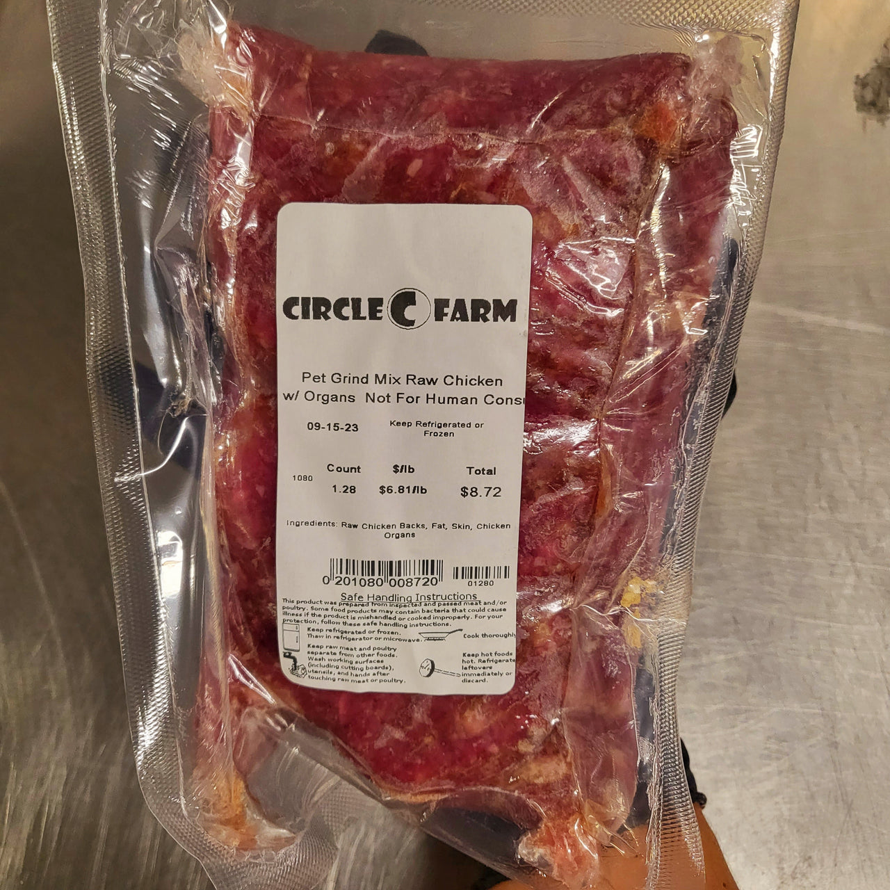 RAW Pet Grind Mix: Chicken Backs, Fat, Skin and with Chicken Organs (Avg. Wt 1 lb)