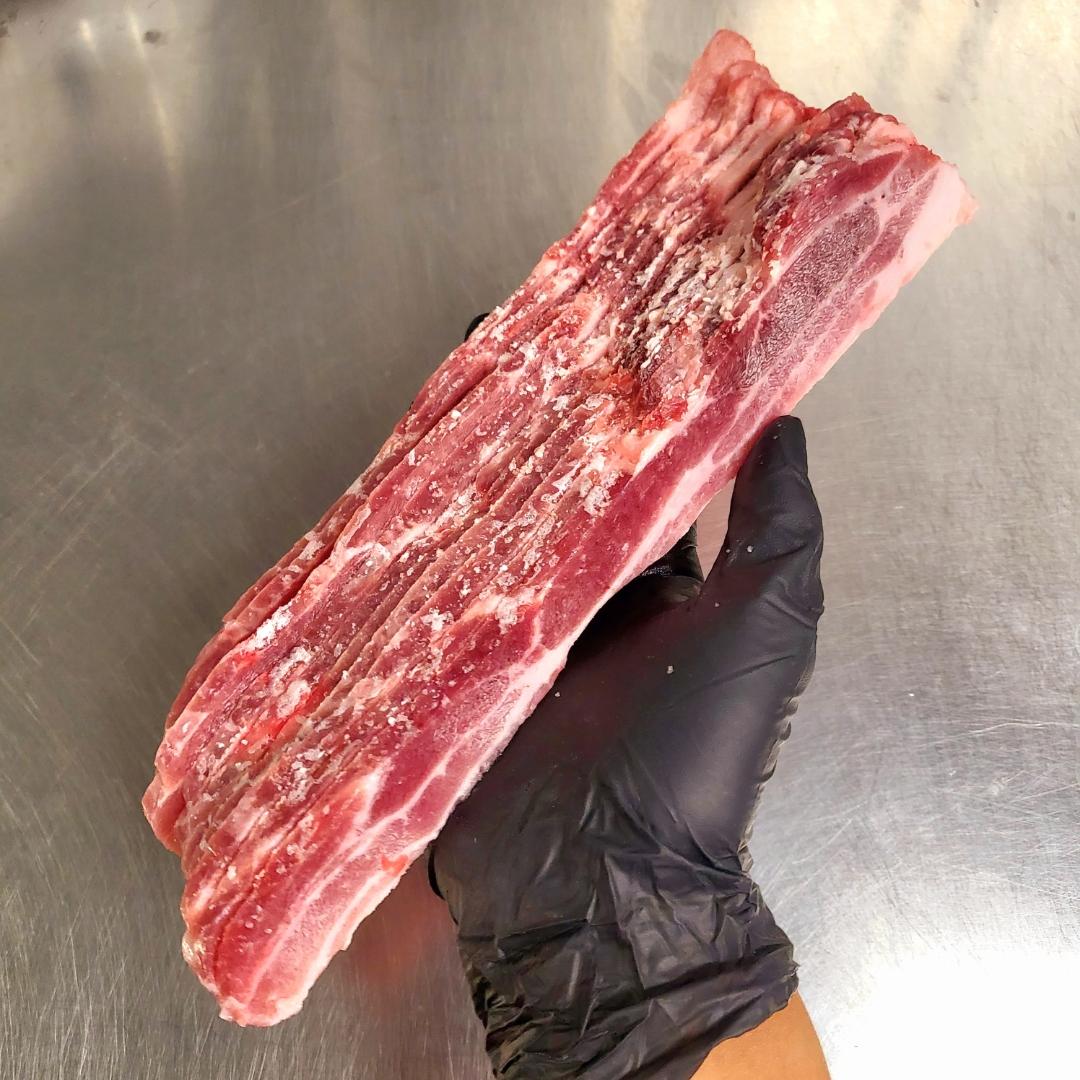 Pastured Pork Belly Bacon Style Cut Raw Medium Cut Sliced Uncured No Salt Sugar Free Preservatives