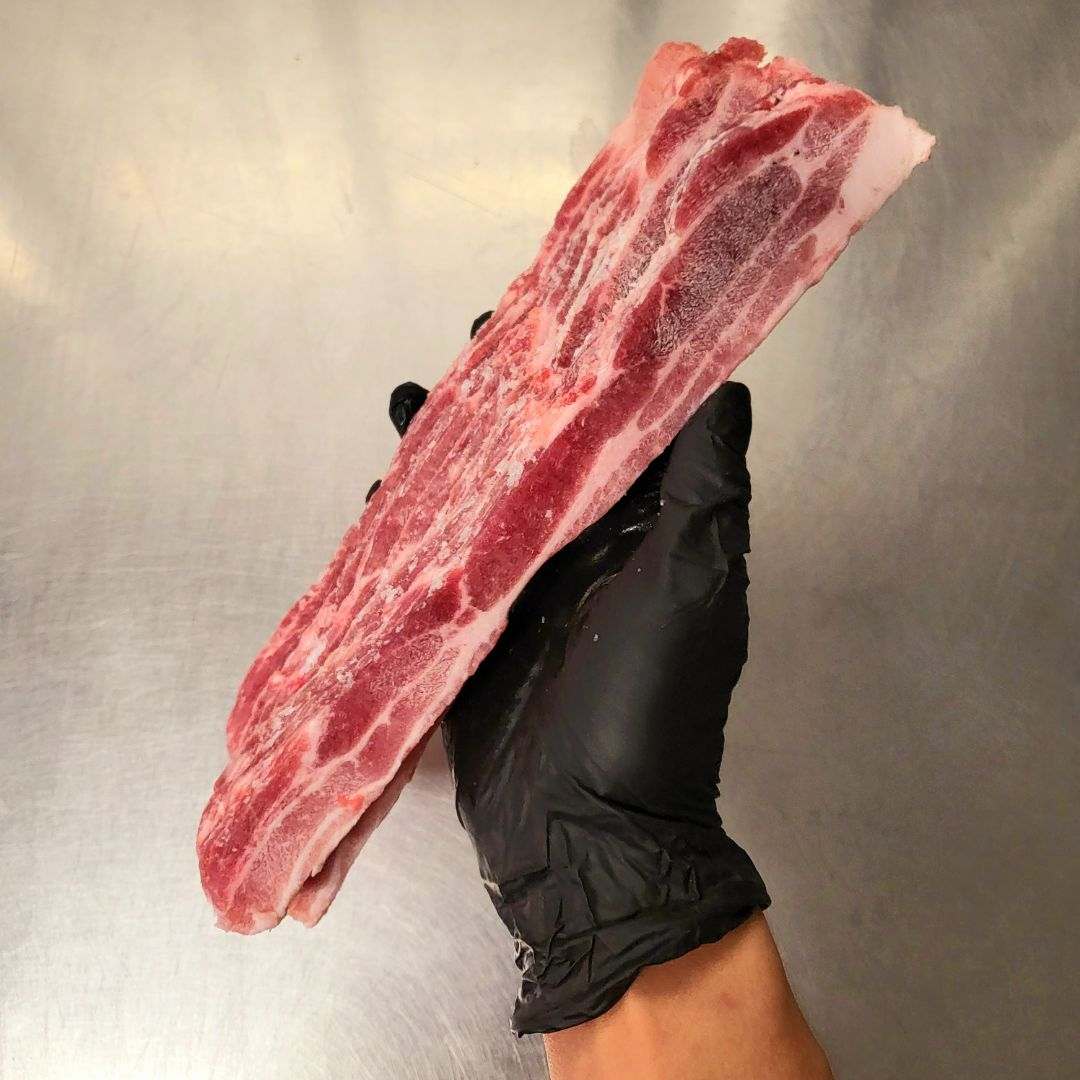 Pastured Pork Belly Bacon Style Cut Raw Medium Cut Sliced Uncured No Salt Sugar Free Preservatives