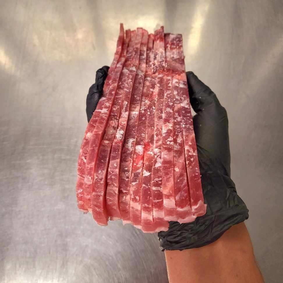 Pastured Pork Belly Bacon Style Cut Raw Medium Cut Sliced Uncured No Salt Sugar Free Preservatives